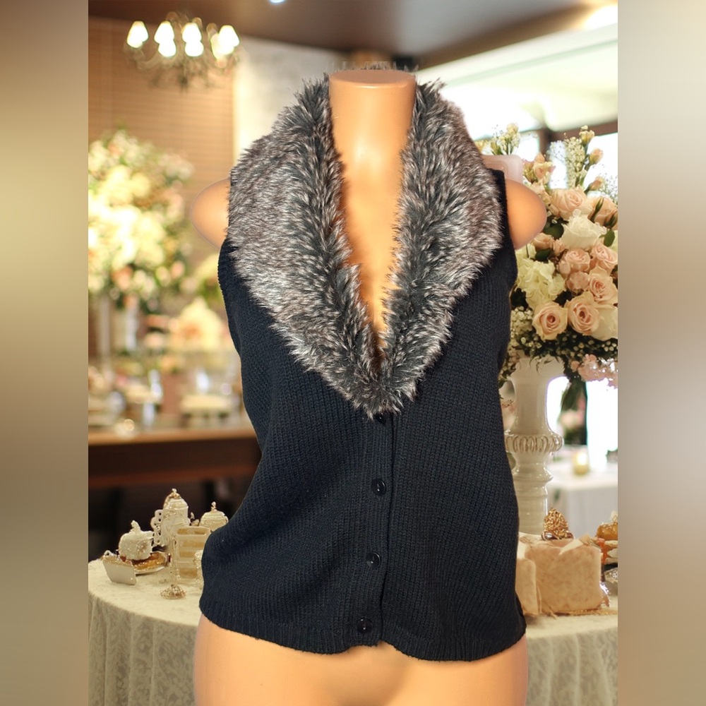 Attention Black Cardigan Vest with Gray Faux Fur Trim